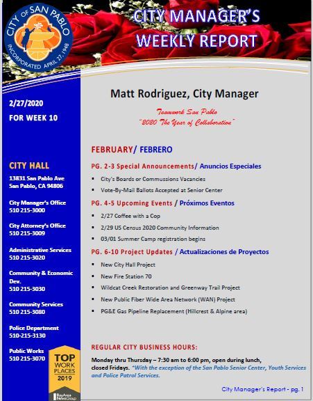 City Manager Weekly Report Week 10 February 27, 2020