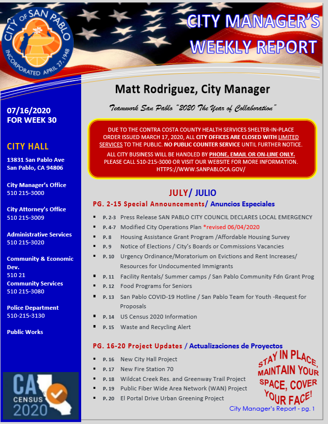 City Manager Report - Week 30 July 16th