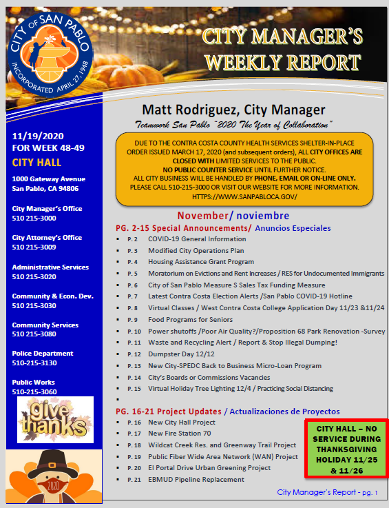 City Manager's Weekly Report - Weeks 48 and 49 November 19th