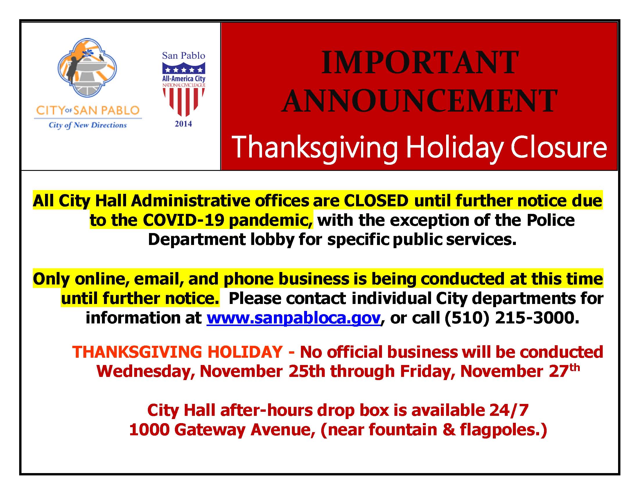 Thanksgiving Holiday Closure 2020 English