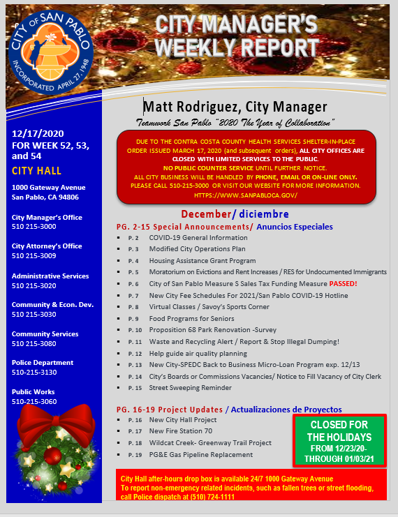 City Manager Report -Weeks 52, 53,54 December 17