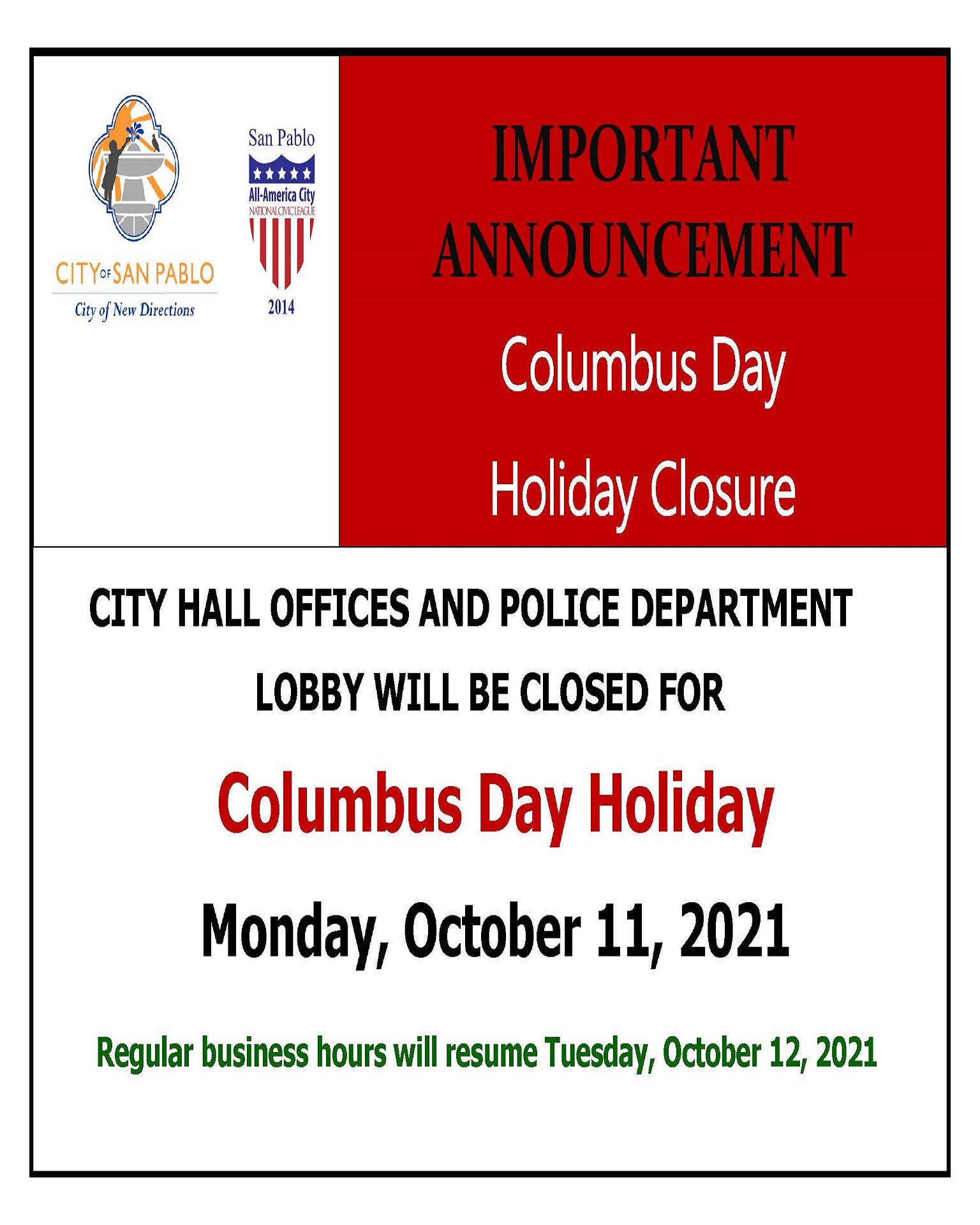Columbus Day Holiday  Closure 2021 Notice 2