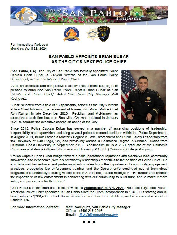 PR- Brian Bubar Police Chief Appt