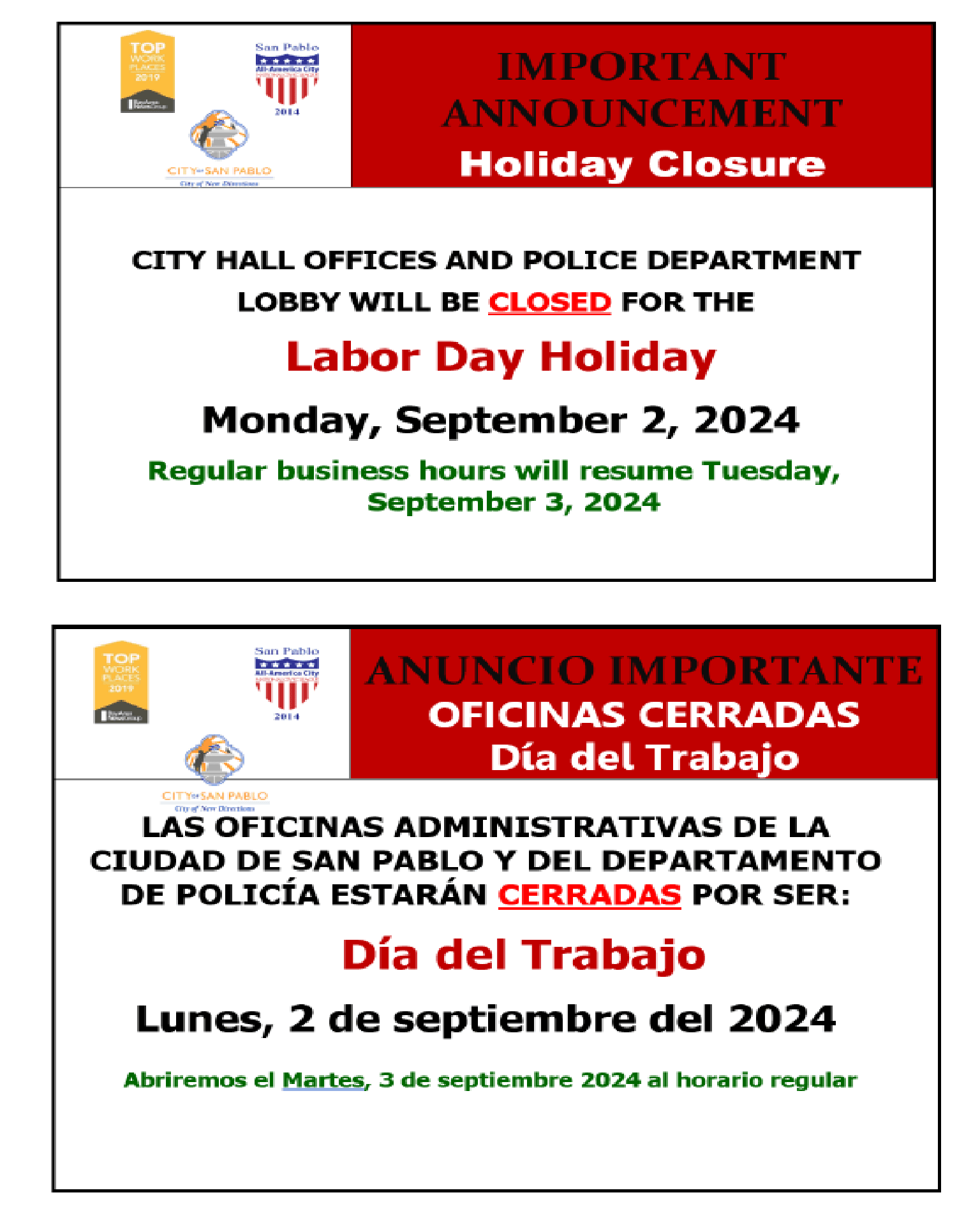 Labor Day 2024 Holiday Closure Notice BOTH