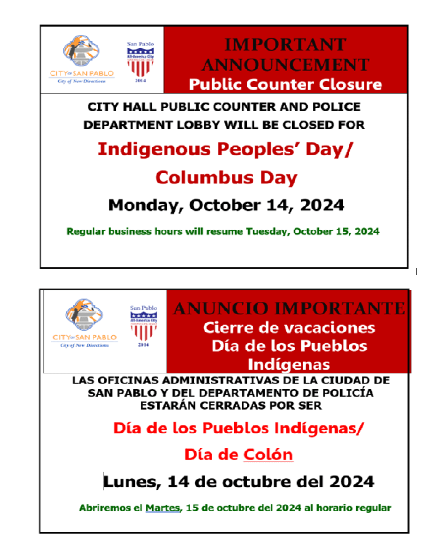 2024 Indigenous Peoples Day Closure Notice Both