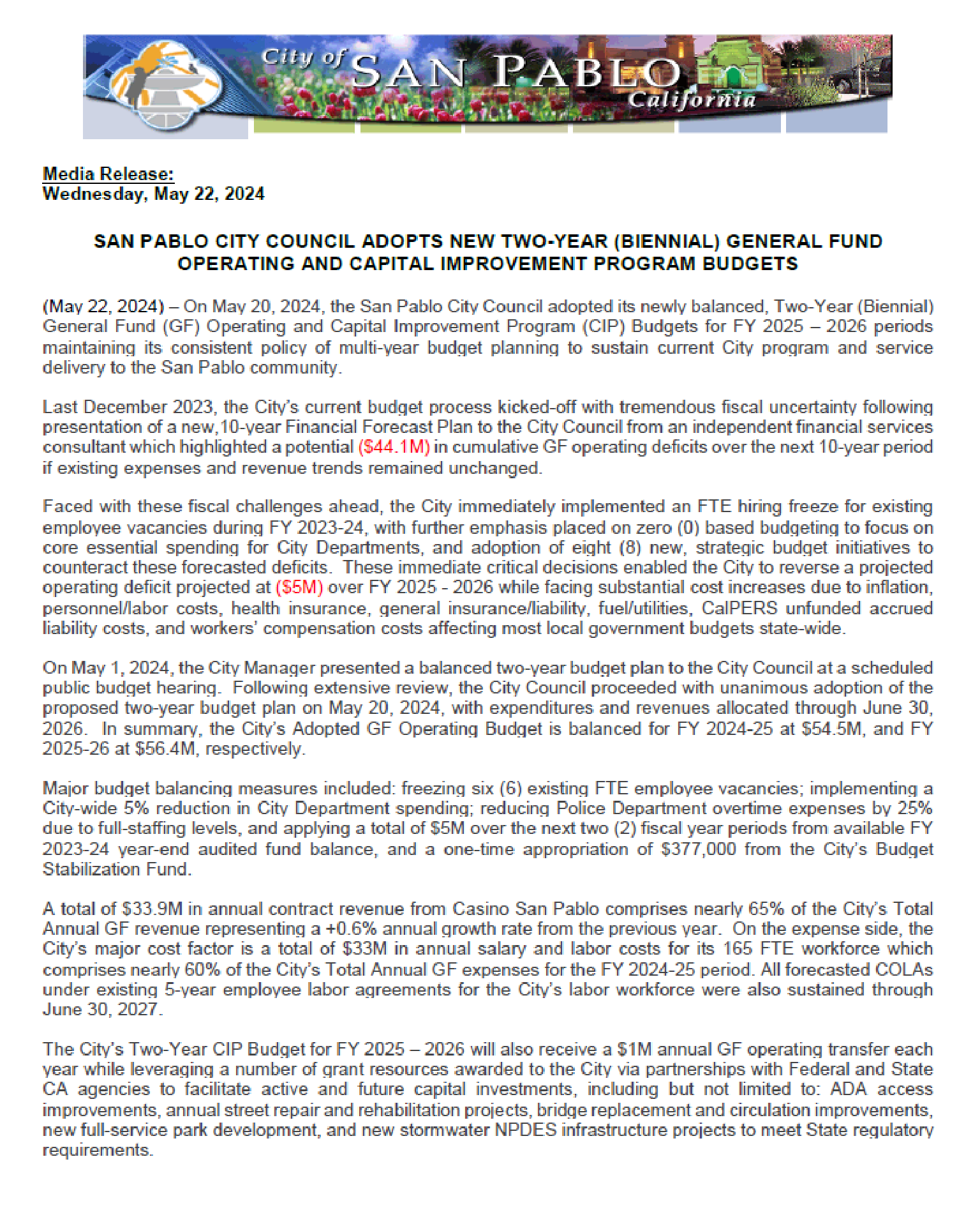 Media Release 052224 SPCC ADOPTS 2YR BUDGET