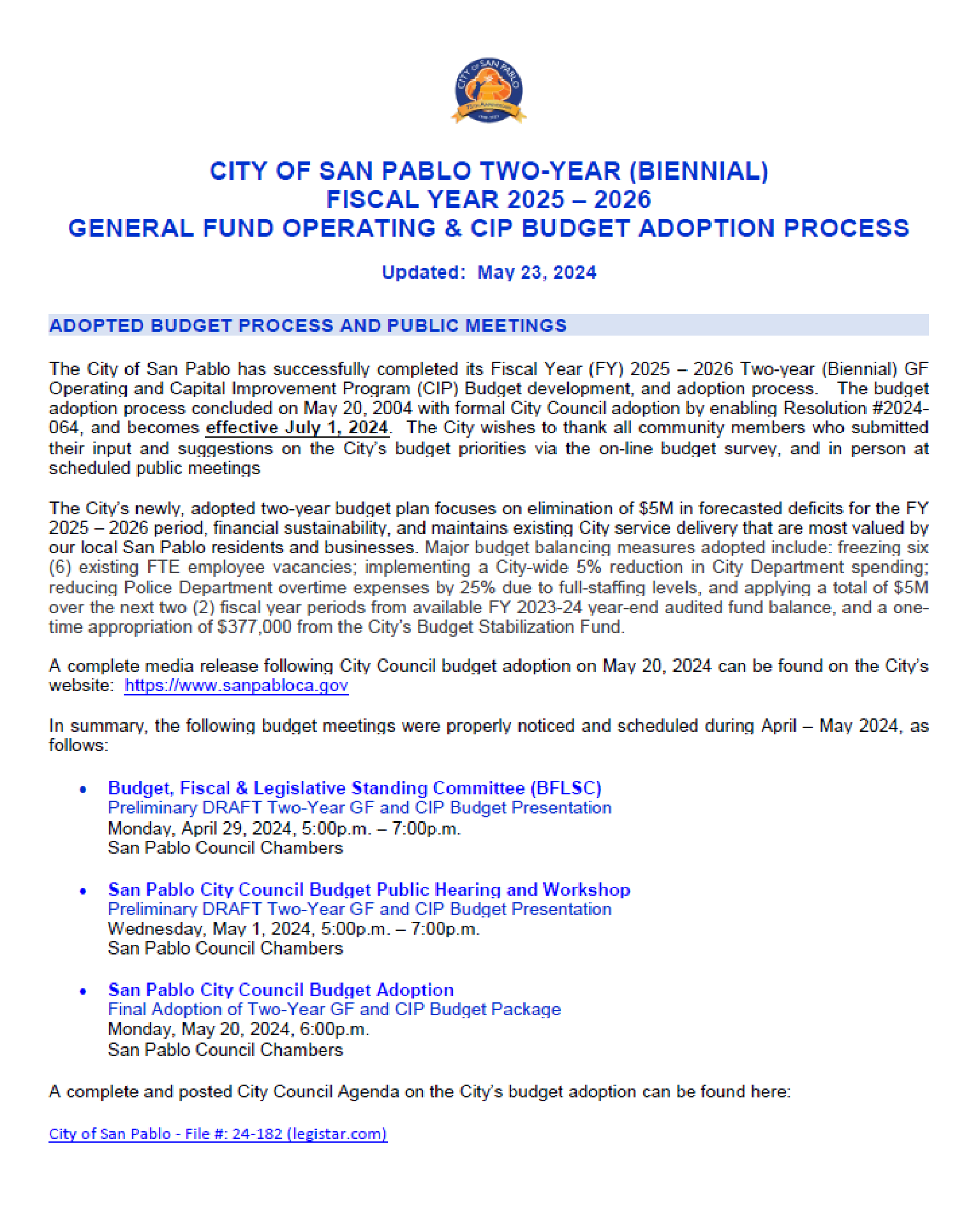 COSP 2YR BIENNIAL FY25-26 GEN FUND ADOPTION PROCESS