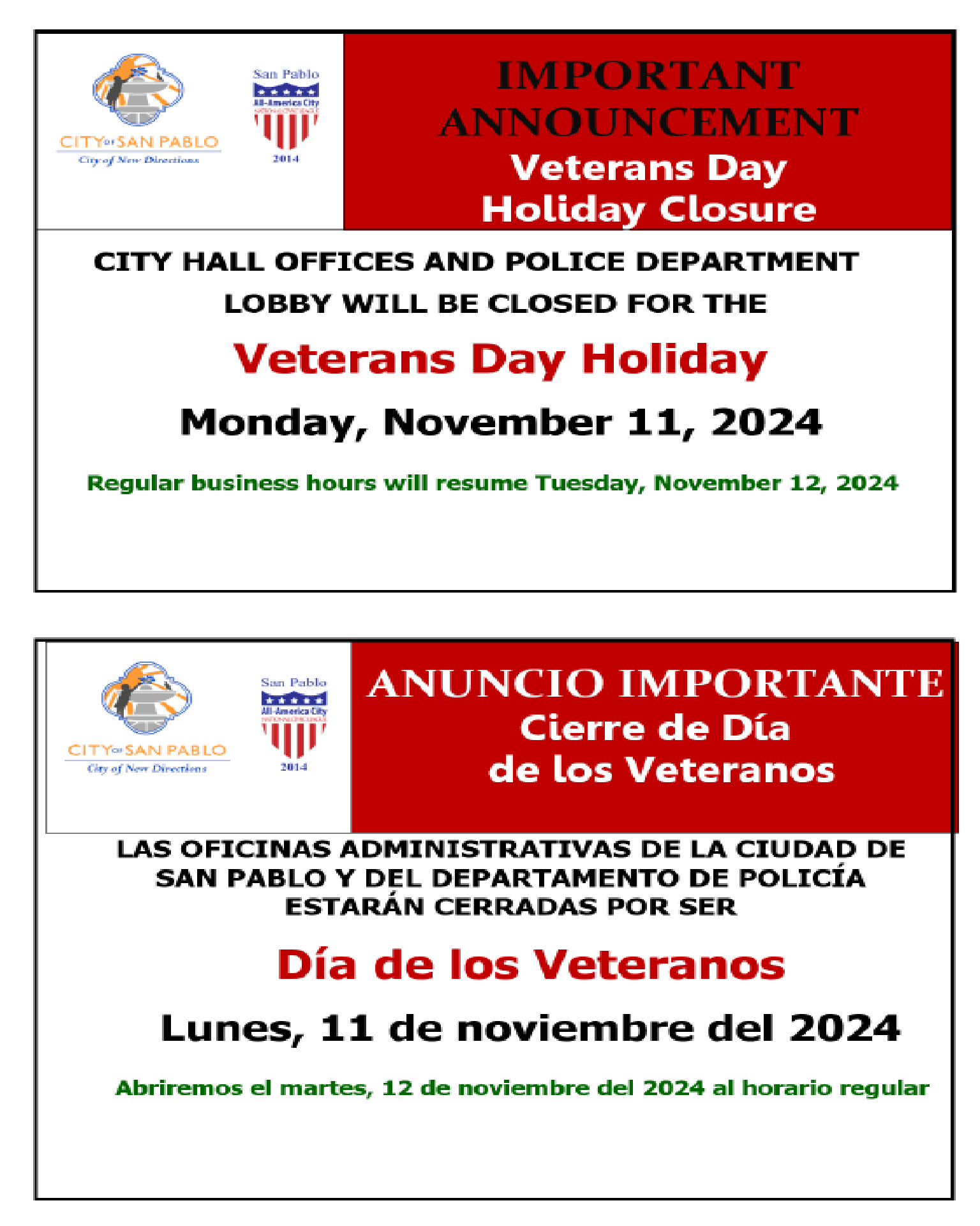 2024 Veterans Day Holiday Closure Both
