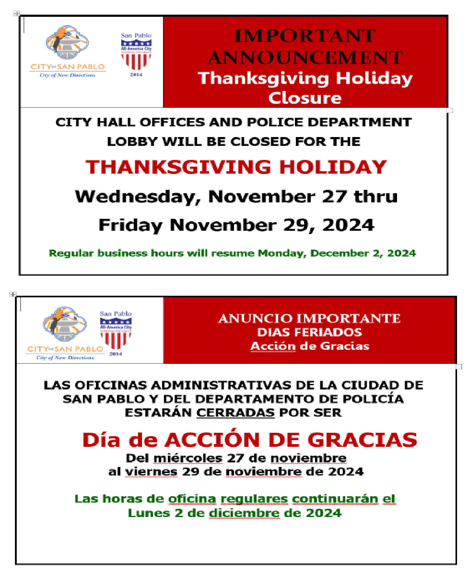 2024 Thanksgiving Holiday Closure BOTH