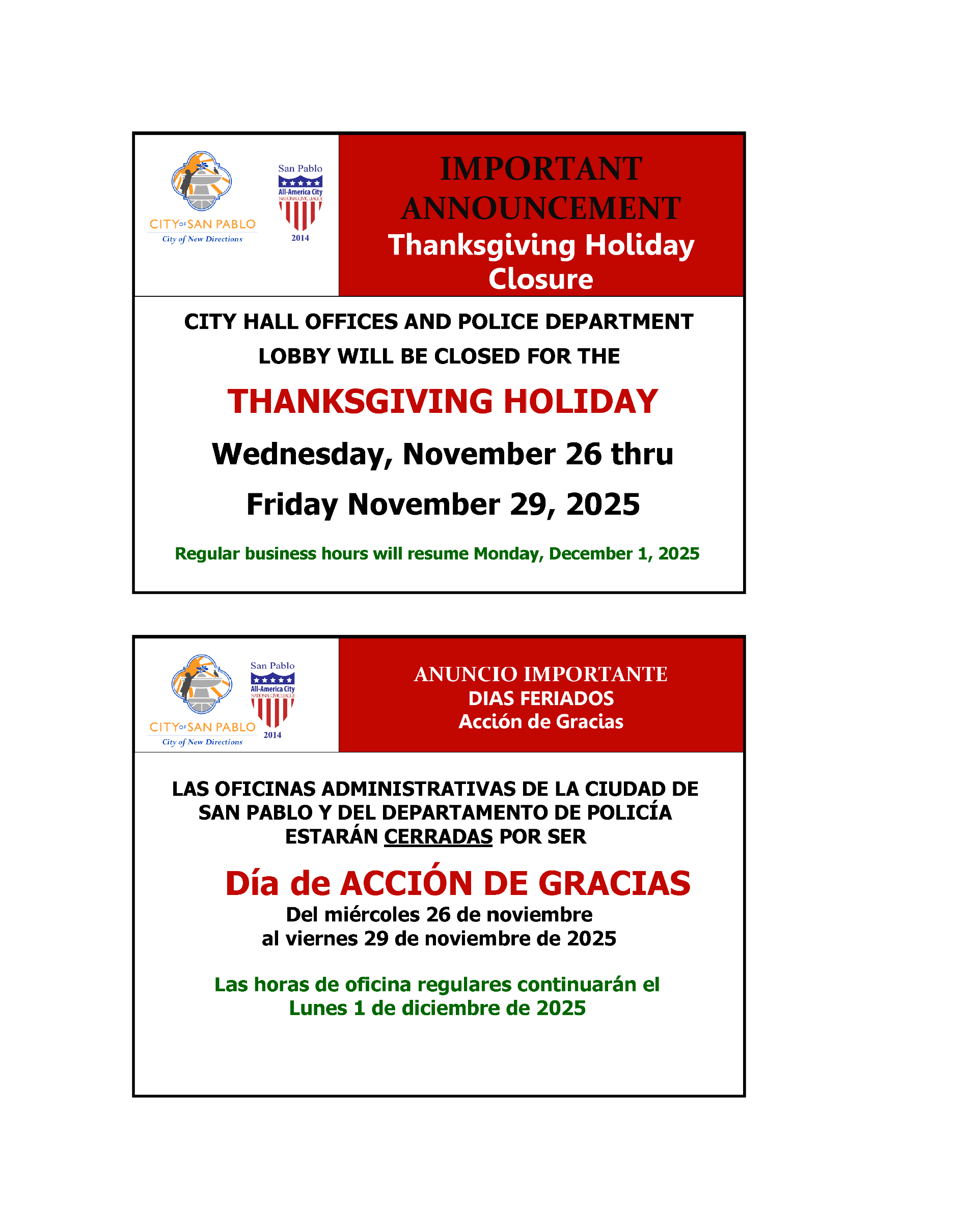 2025 Thanksgiving Holiday Closure